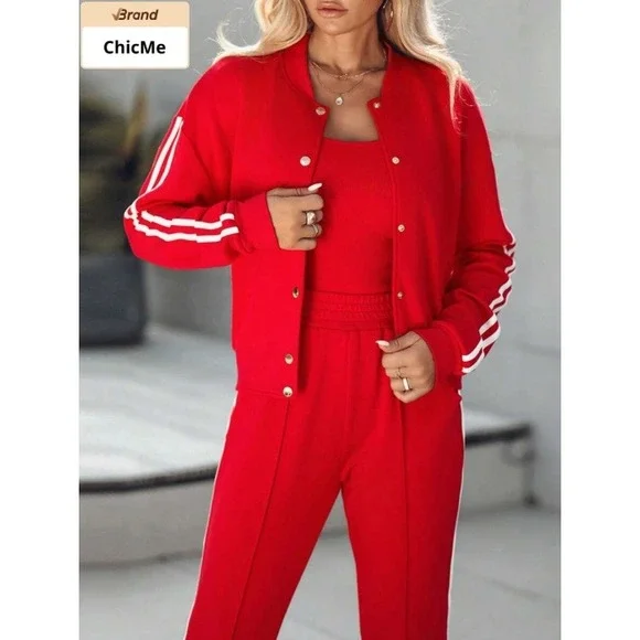 ChicMe Red 3 Piece Tracksuit Set Bomber Jacket Tank Top Joggers Stripes Size XL - Picture 2 of 11